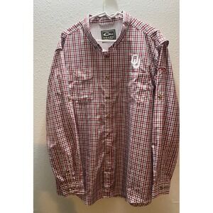 Drake Clothing Company Men's XL OU Logo Plaid Long Sleeve Fishing Shirt Red Gray